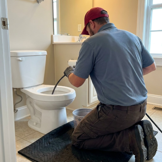 Plumber kneeling beside a toilet, using a drain snake in a bright bathroom