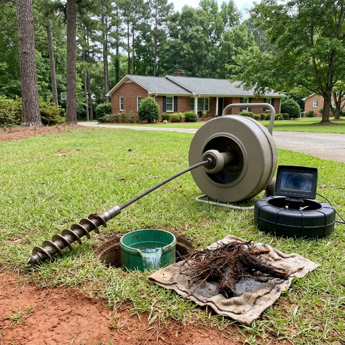 Spool with cable and auger on lawn beside a house; laptop and tarp-covered debris nearby.
