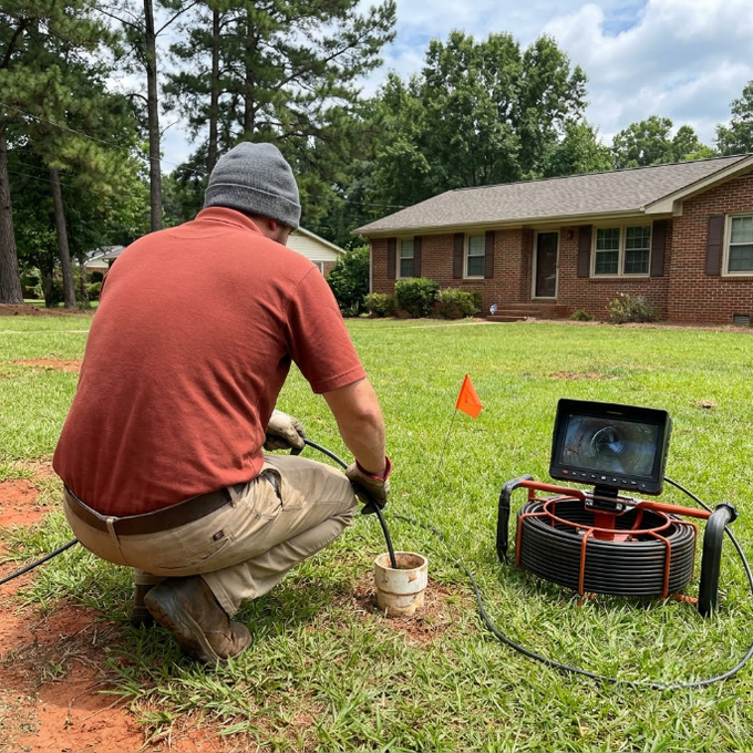 Worker kneeling in a yard beside equipment, inspecting a small hole near a brick house.