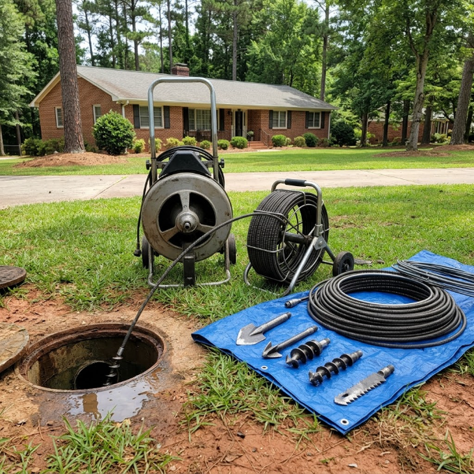 Drain cleaning equipment on a driveway beside an open sewer hole, with hoses and tools on a blue tarp.