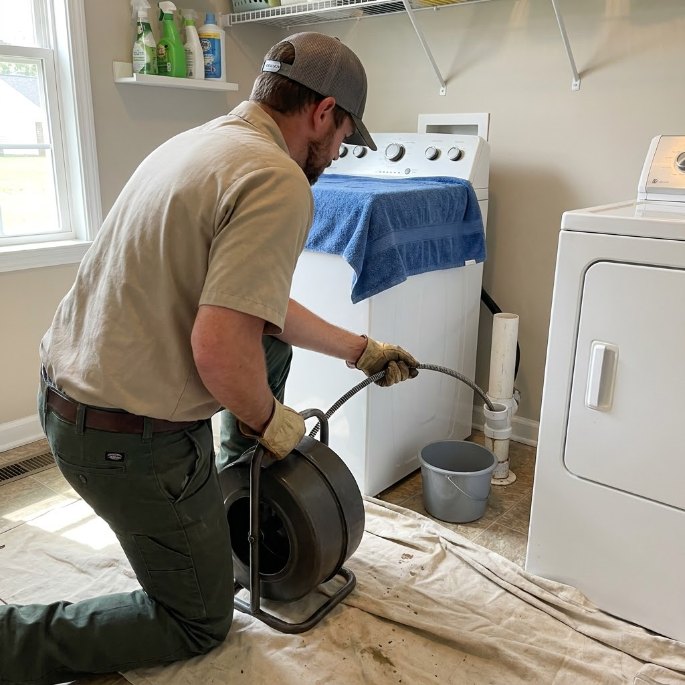 Person kneels in laundry room, using a drain snake beside a washer and dryer.