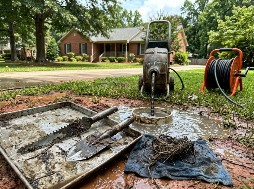 Pressure washer cleaning muddy sidewalk by a driveway, with hose reel and wet debris in front of a house