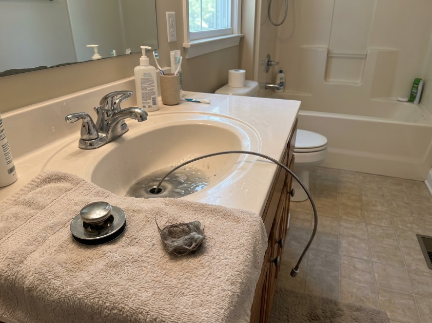Bathroom sink with faucet, countertop items, and a towel rack near a bathtub and toilet.