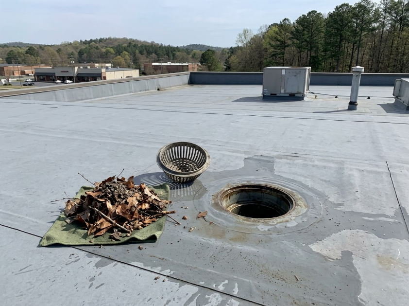 Flat rooftop with a drain opening, debris pile, and rooftop vents under a clear sky.