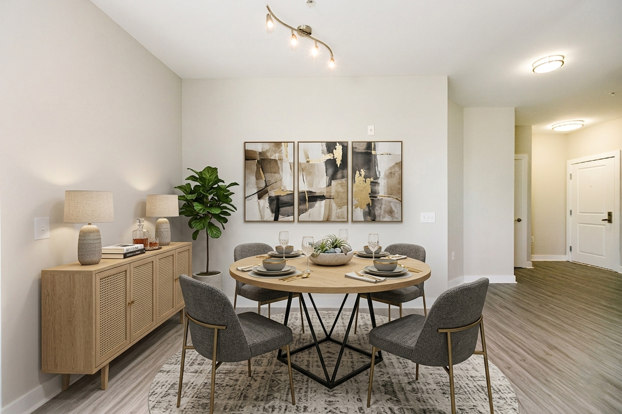Dining area with round table and mustard chairs in an open living room, carpeted floor, and bright windows ahead
