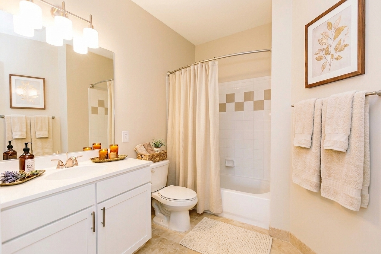 Bright beige bathroom with vanity, mirror, shower curtain, toilet, and towel rack.