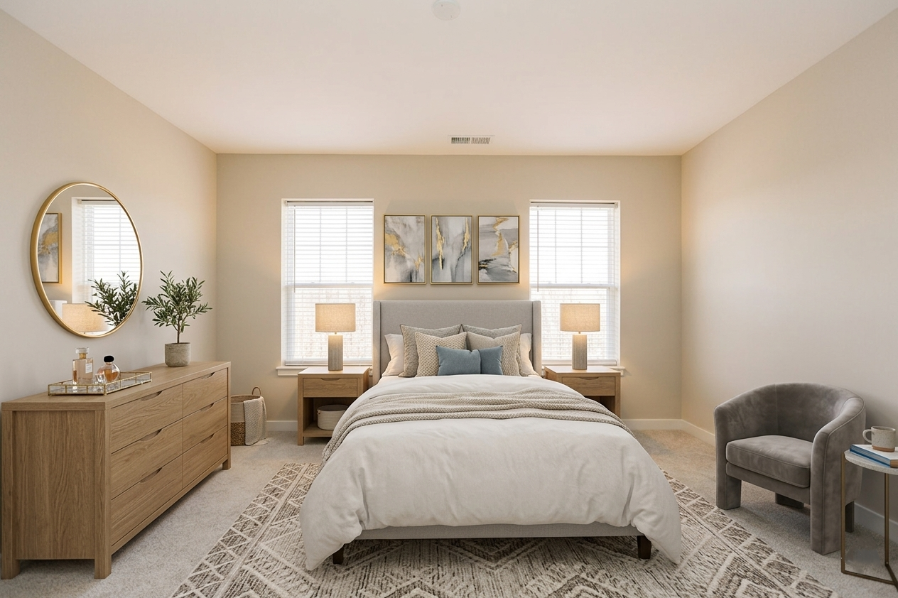 Bright bedroom with a made bed, red chair, bedside lamps, framed wall art, and a window with blinds