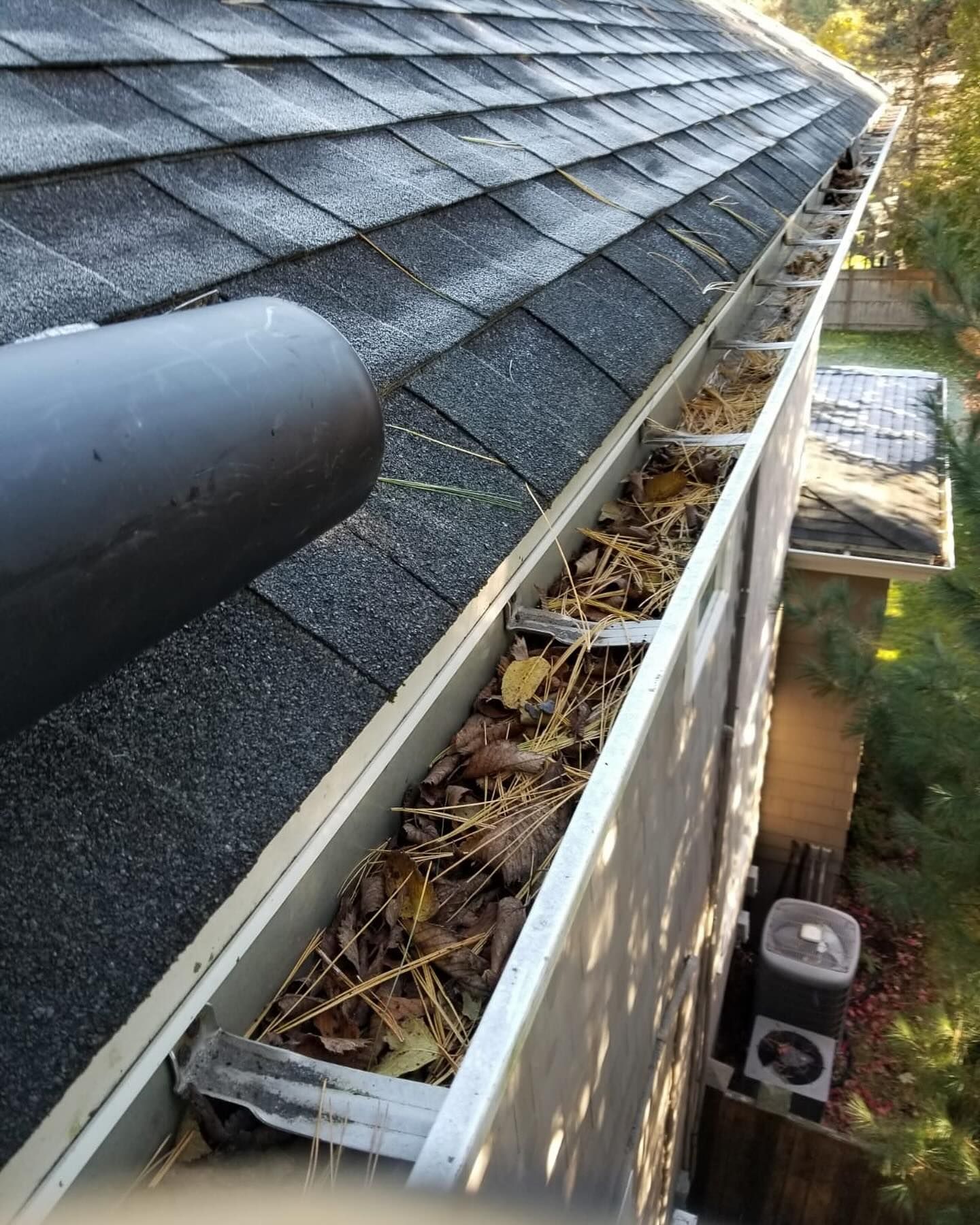 Gutter packed with leaves beside a shingled roof, with a black vent pipe in the foreground.