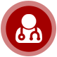 White doctor silhouette with stethoscope inside a red circle.