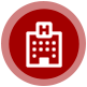 Red circular button with white hospital building icon.