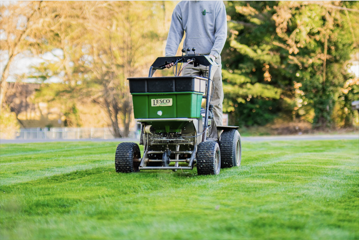 A man is using a red lawn mower to spread fertilizer on a lush green lawn.