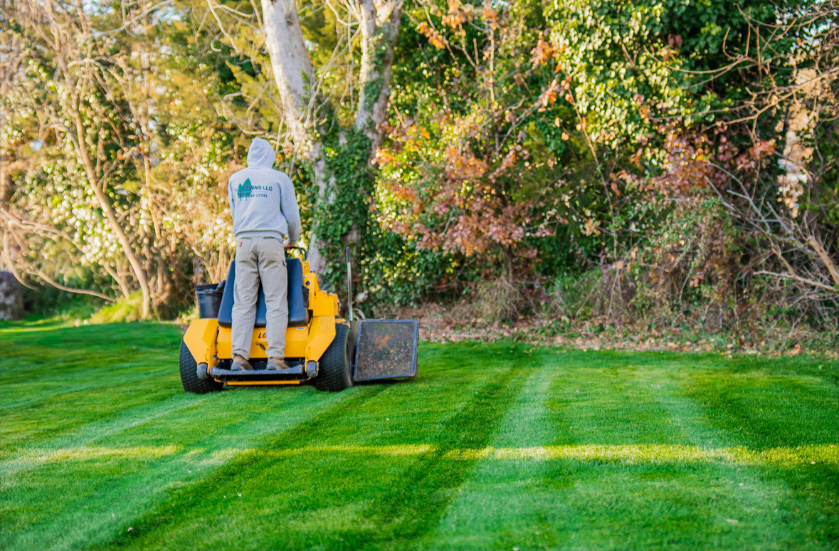 A man is mowing a lush green lawn with a lawn mower.