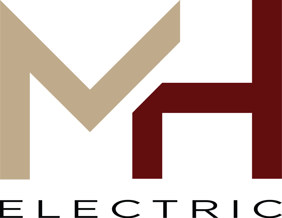 A logo for mh electric shows a letter m and a letter h