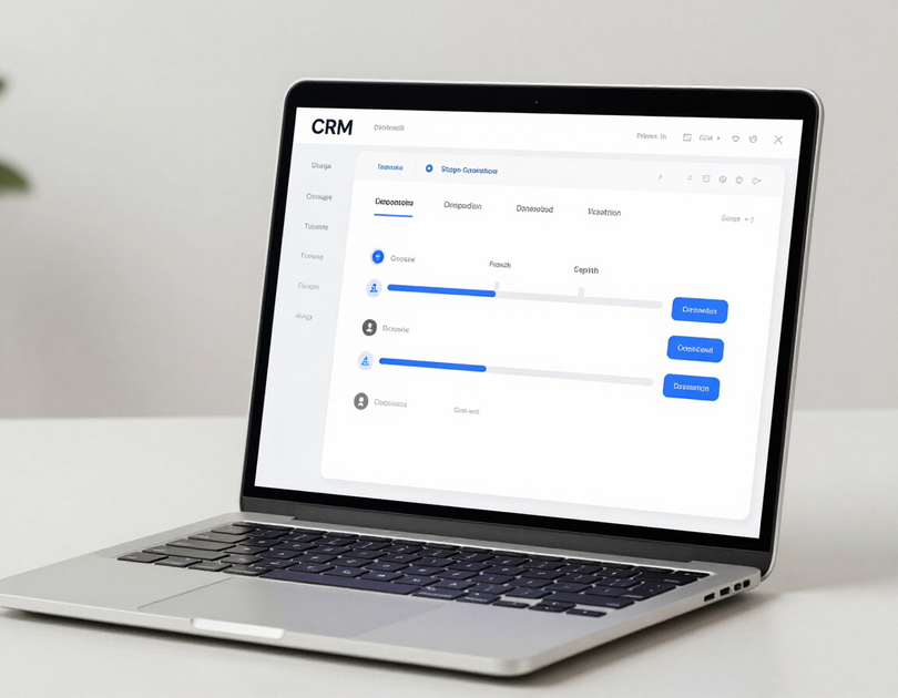 Silver laptop displaying a CRM dashboard with blue progress bars on a white screen