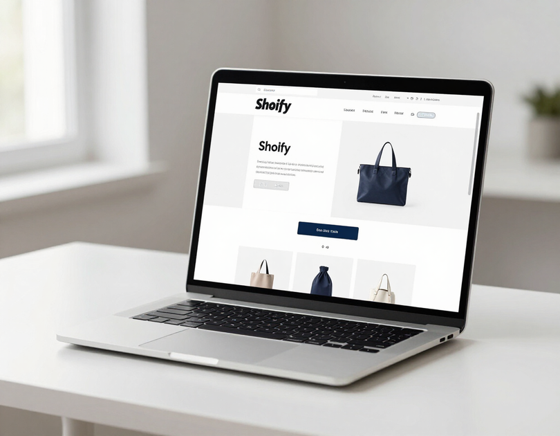 Silver laptop on a white desk displaying an online shopping website with handbags
