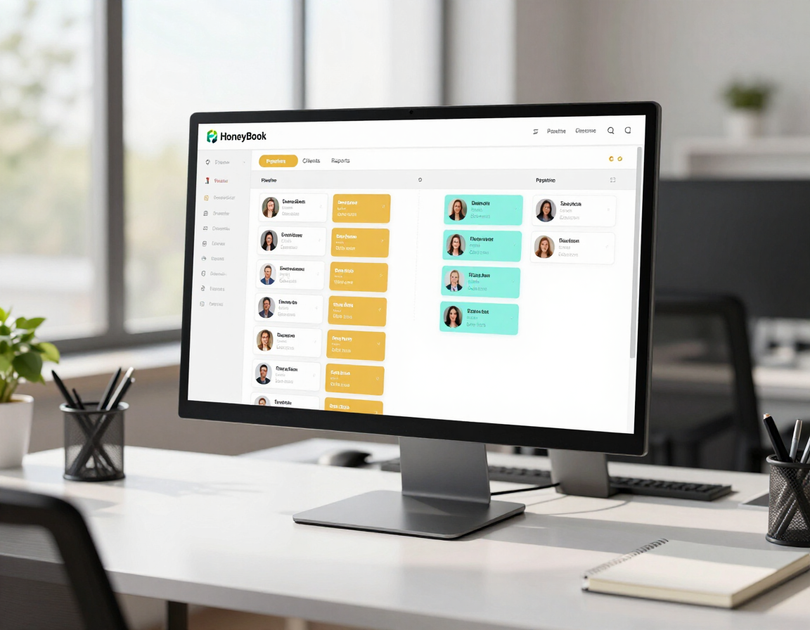 Desktop monitor displaying a task management dashboard with colored cards on a bright office desk