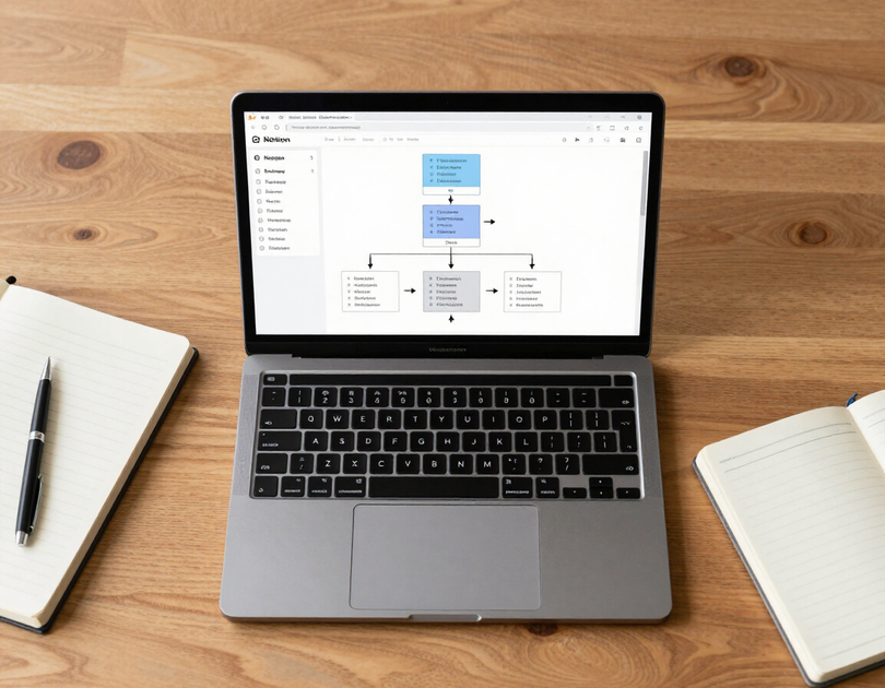 Laptop on a wooden desk displaying a flowchart, with notebooks and a pen on either side.