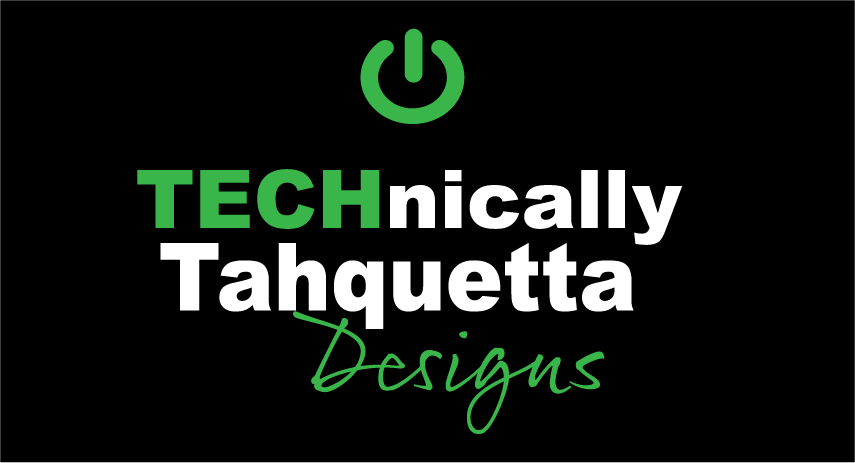 Black logo with green power icon and text “TECHnically Tahqueta Designs” on a dark background