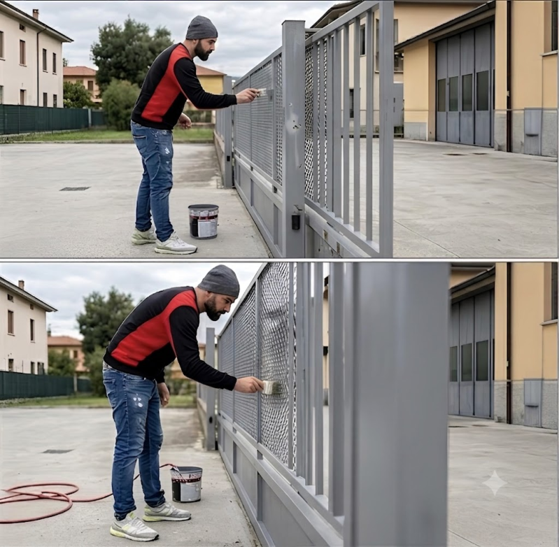 Un operaio vernicia a spruzzo una recinzione metallica grigia all'aperto, immagine che mostra due fasi della stessa operazione.