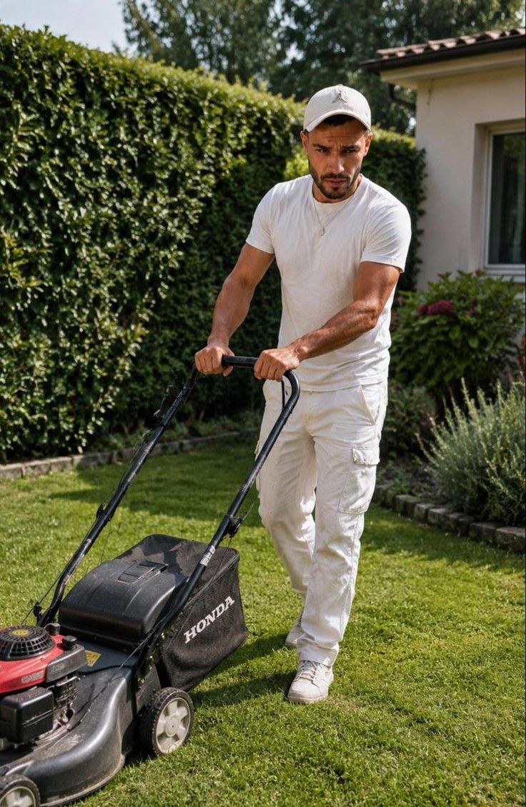 Un uomo, con indosso abiti leggeri e un berretto, taglia l'erba in un giardino verde.
