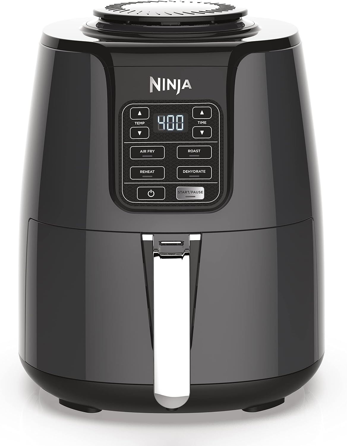 Black Ninja air fryer with digital display.