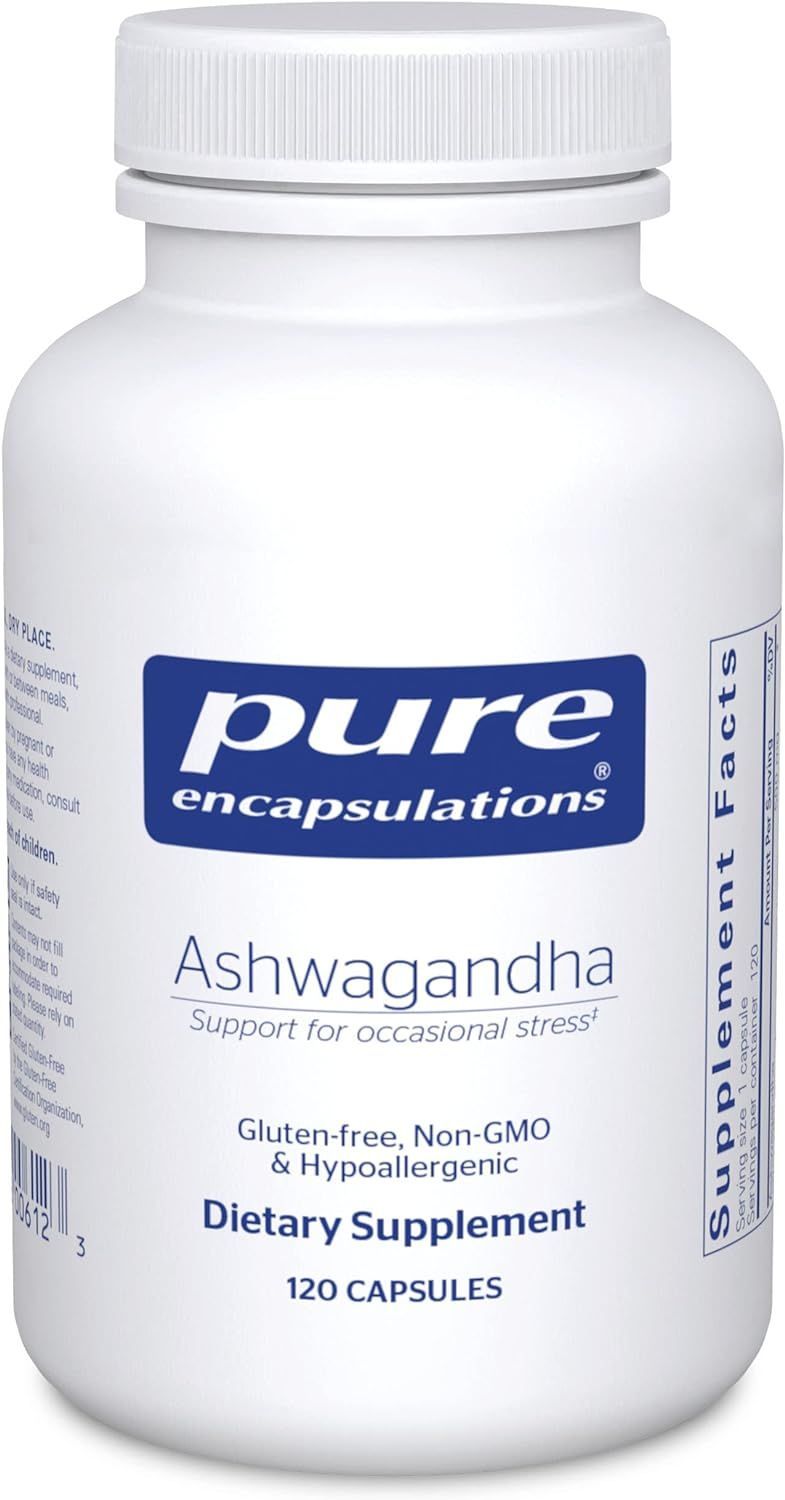White bottle of Pure Encapsulations Ashwagandha capsules, dietary supplement.