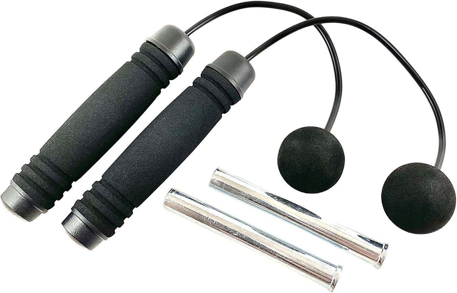 Two jump ropes, two weighted balls, and two metal rods, all fitness equipment.
