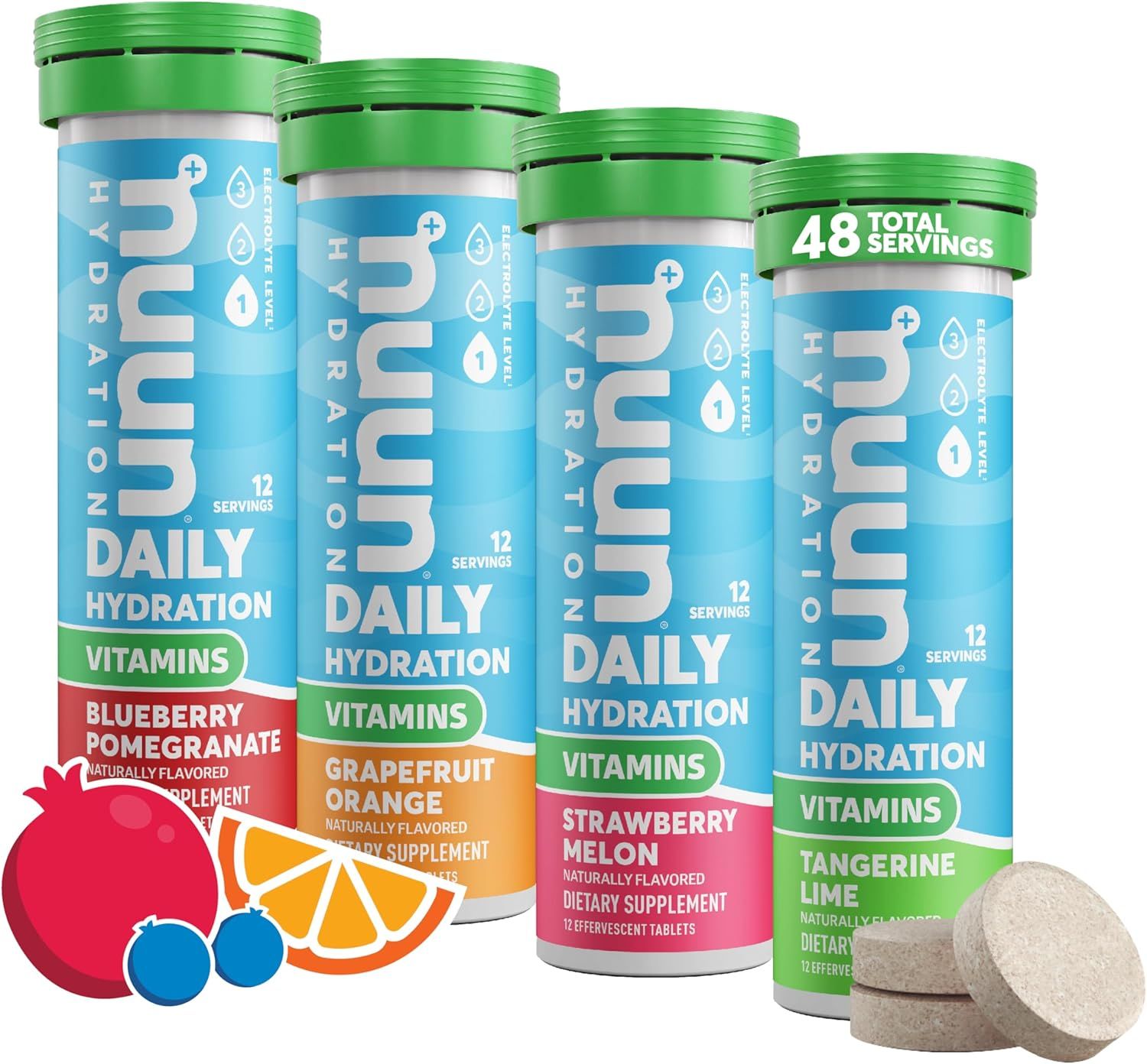 Four tubes of Nuun Daily Hydration tablets in different flavors: Blueberry Pomegranate, Grapefruit Orange, Strawberry Melon, and Tangerine Lime.