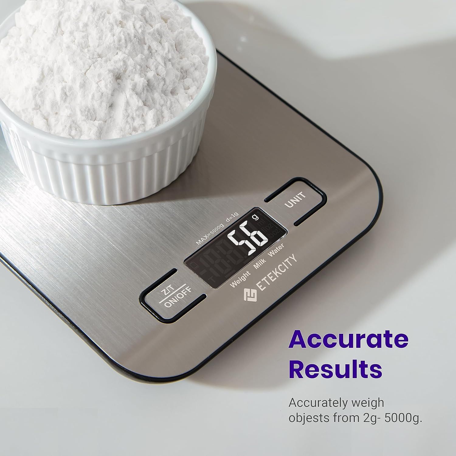 White powder in a bowl on a digital scale, displaying 56g. Purple text reads