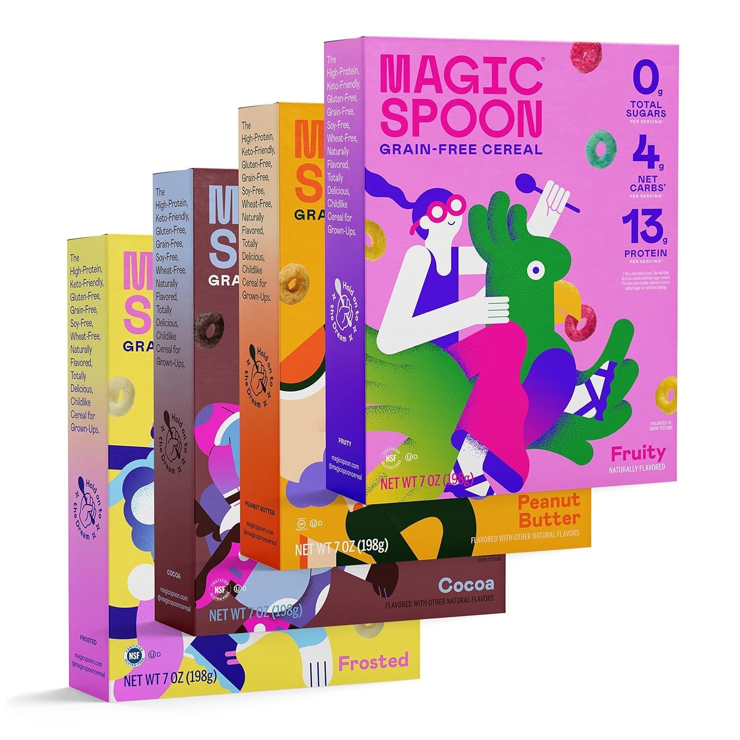 Boxes of Magic Spoon cereal in various flavors, stacked, including Cocoa, Peanut Butter, and Fruity.