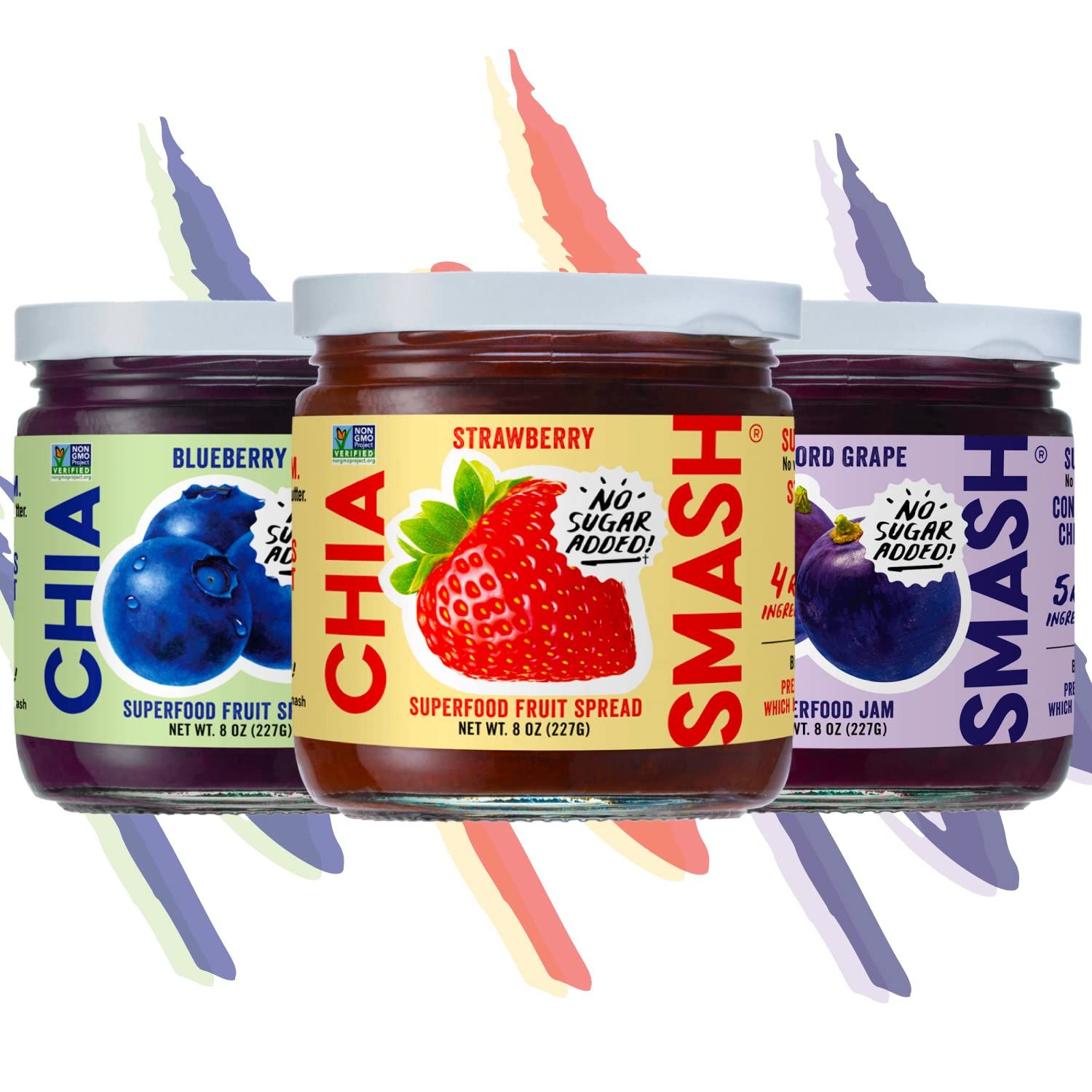 Three jars of Chia Smash fruit spread with colorful labels; strawberry, blueberry, and concord grape flavors.