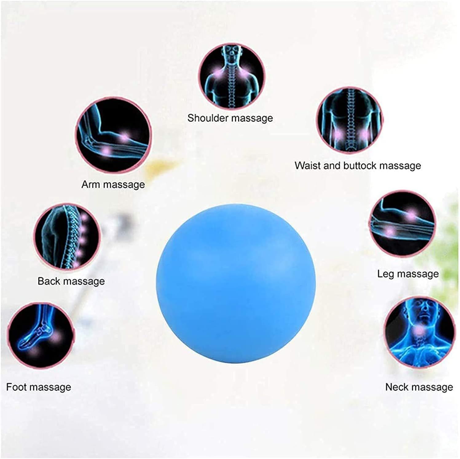 Blue massage ball with diagrams of body areas for use: shoulder, arm, back, waist, leg, foot, and neck.