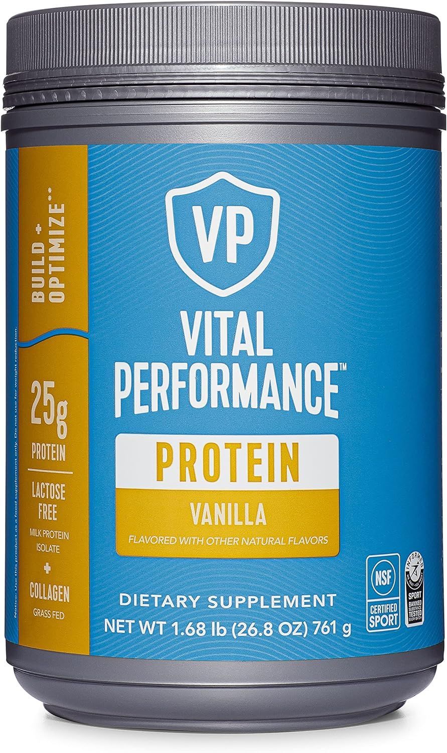 Container of Vital Performance vanilla protein powder, blue and yellow label, 25g protein.