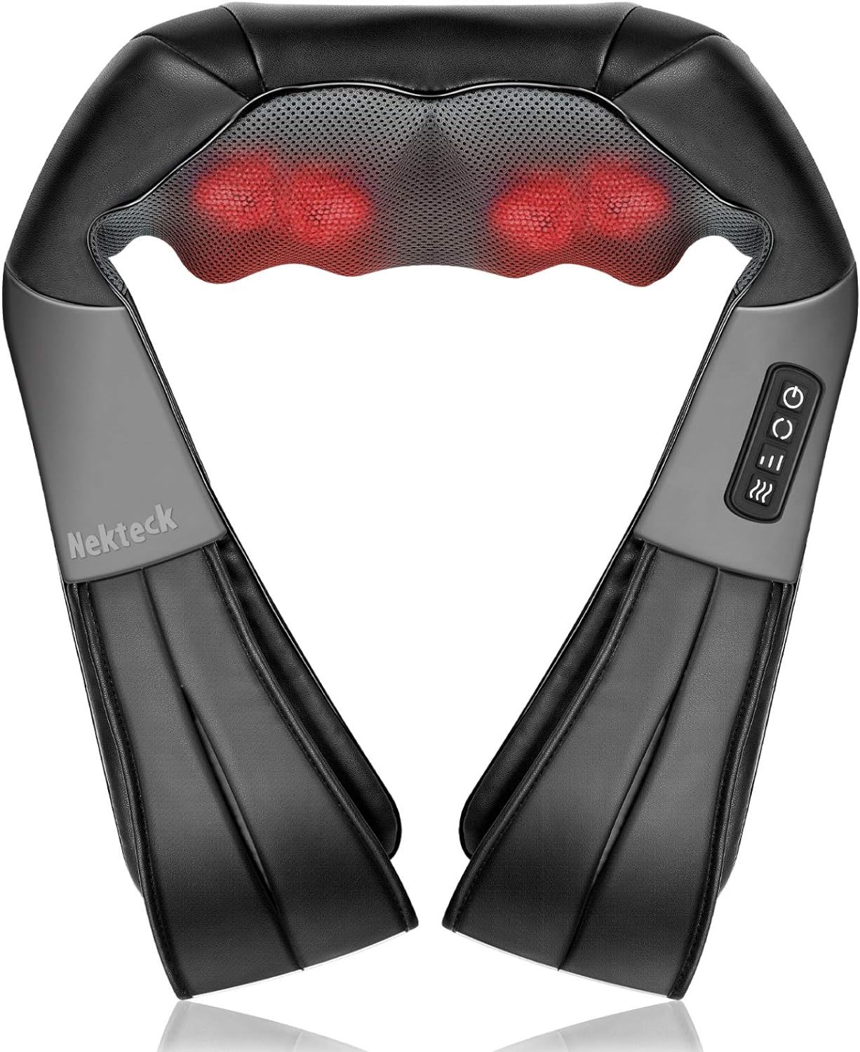 Black Rektech neck and shoulder massager with red massage nodes and control buttons.
