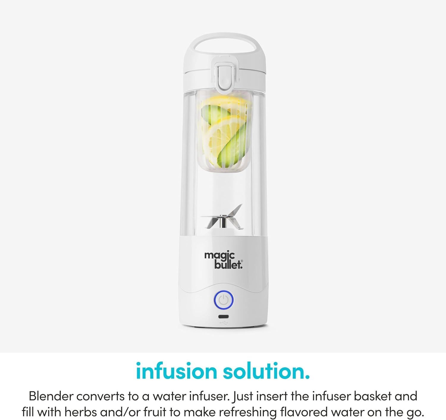 White Magic Bullet blender with infuser basket holding fruit; text says it makes flavored water.