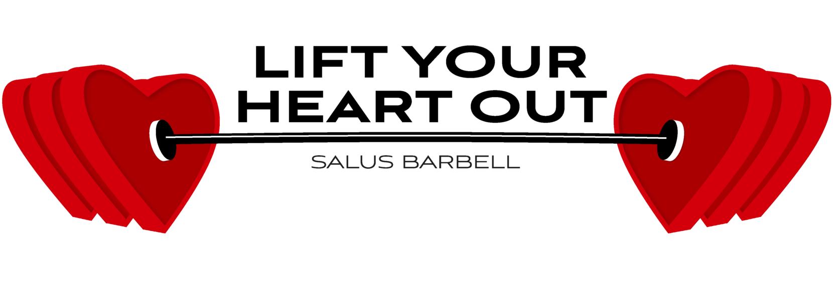 Red heart-shaped weights on a barbell with the text