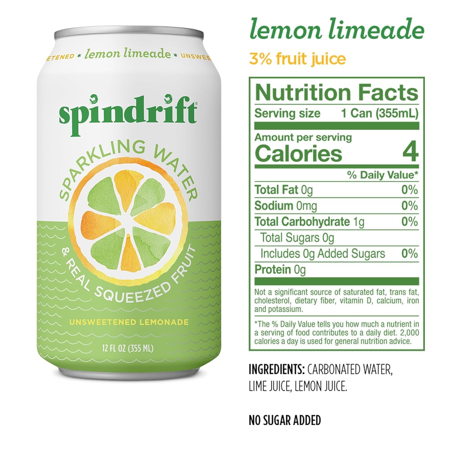 Can of Spindrift lemon limeade, label with nutrition facts, 3% juice, and real fruit.