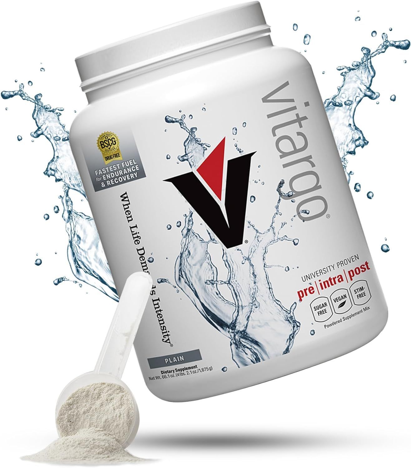 White container of Vitargo powder with scoop, surrounded by water splash graphic.