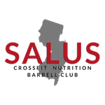 Logo for Salus CrossFit, Nutrition & Barbell Club; red text and New Jersey outline.
