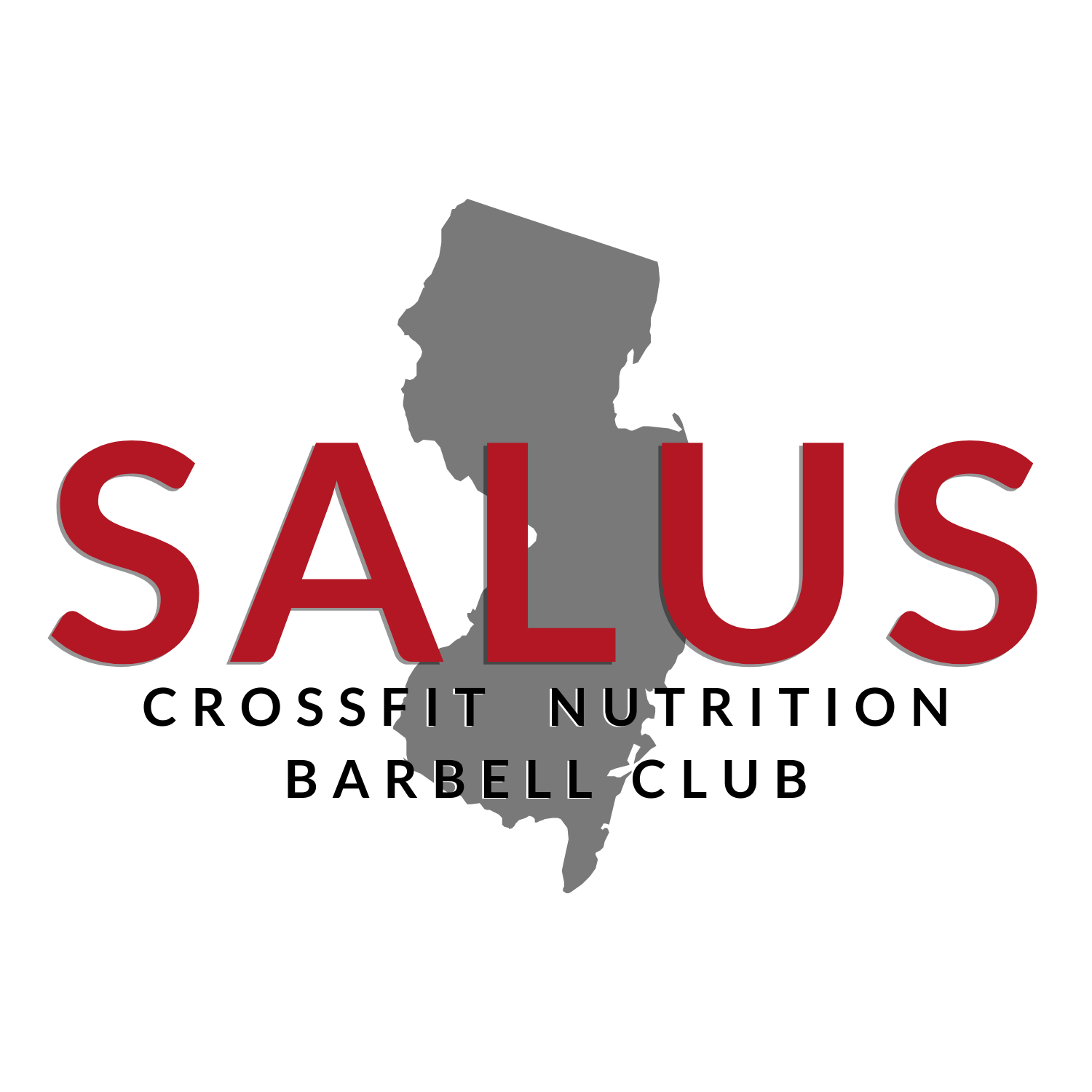 Logo for Salus CrossFit, Nutrition & Barbell Club; red text and New Jersey outline.