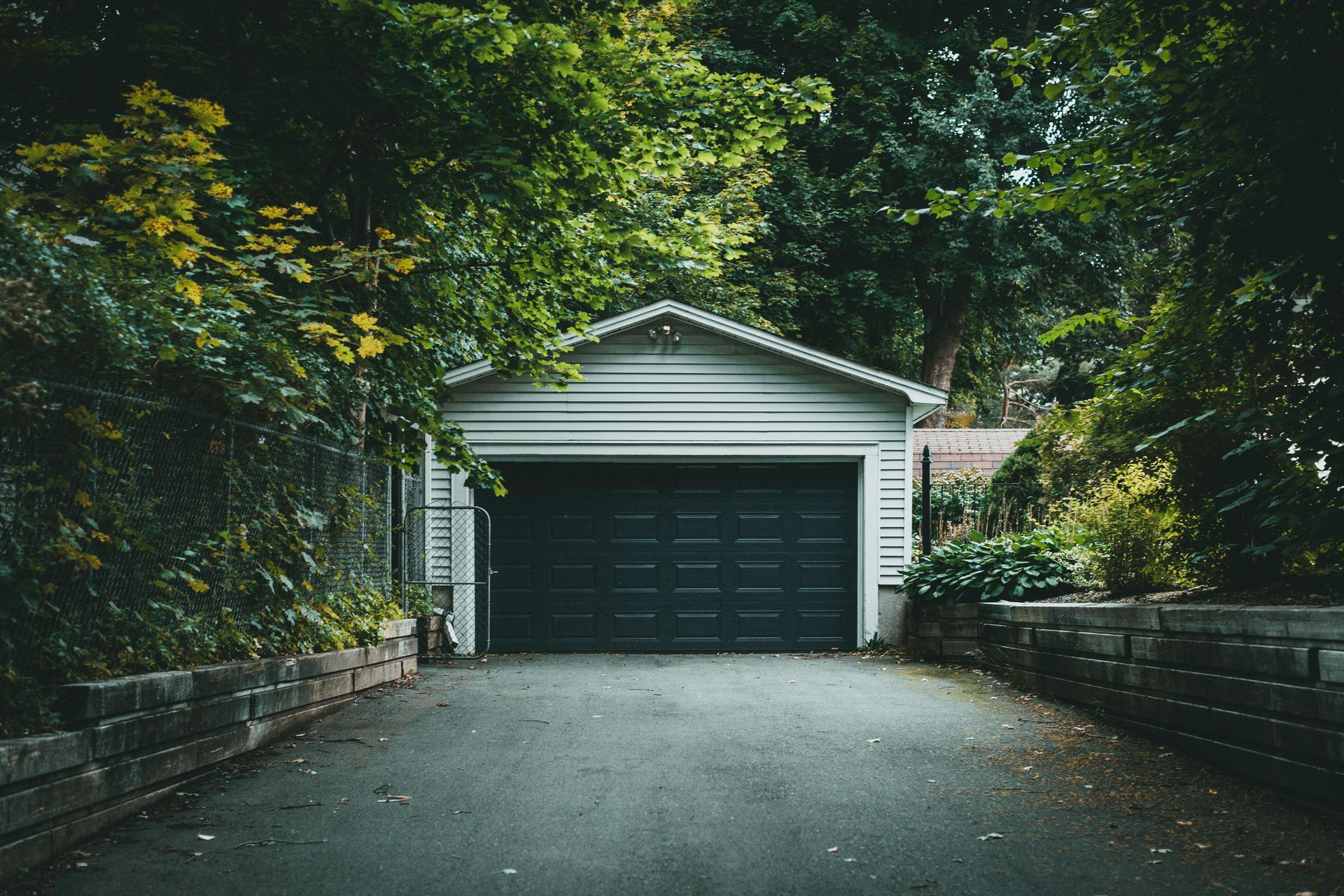 Garage with double-wide door.