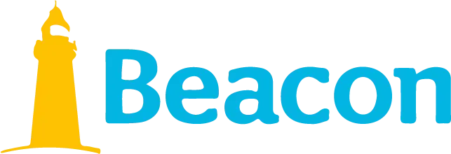 A blue and yellow logo for beacon with a lighthouse Great Plains Mental Health Partners 