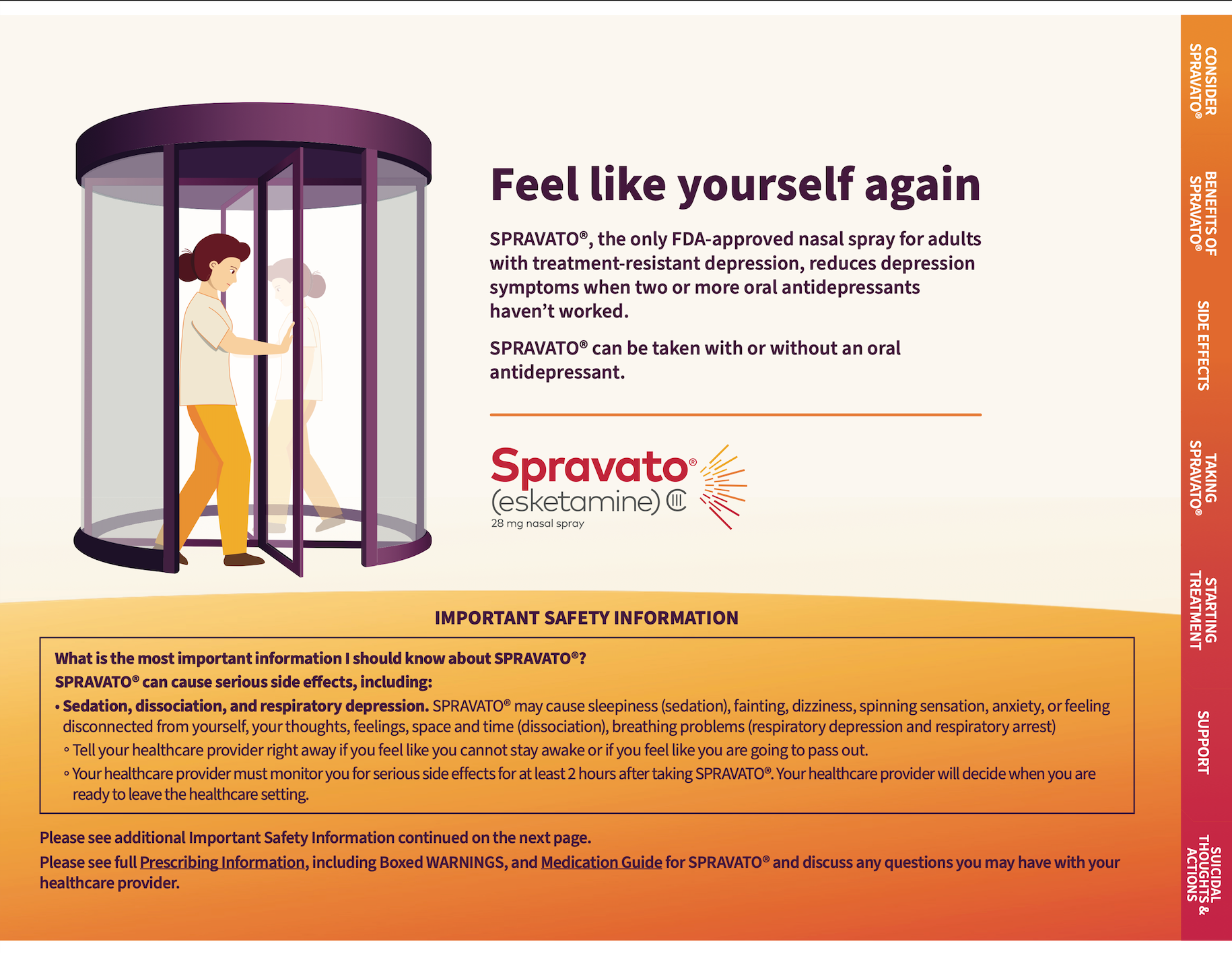 Spravato ad with illustrated person in a large purple cage and headline “Feel like yourself again.”
