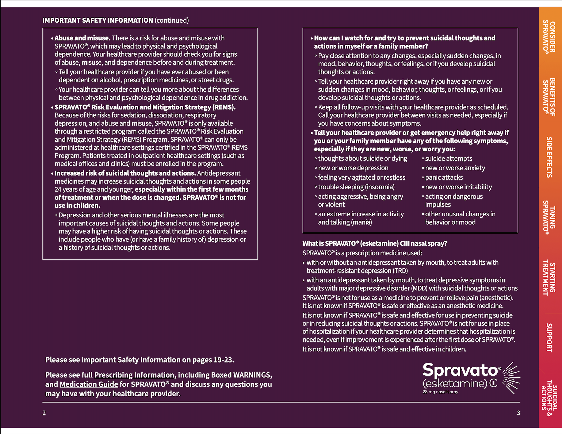 Purple pharmaceutical brochure page with dense white text and Spravato logo on the right
