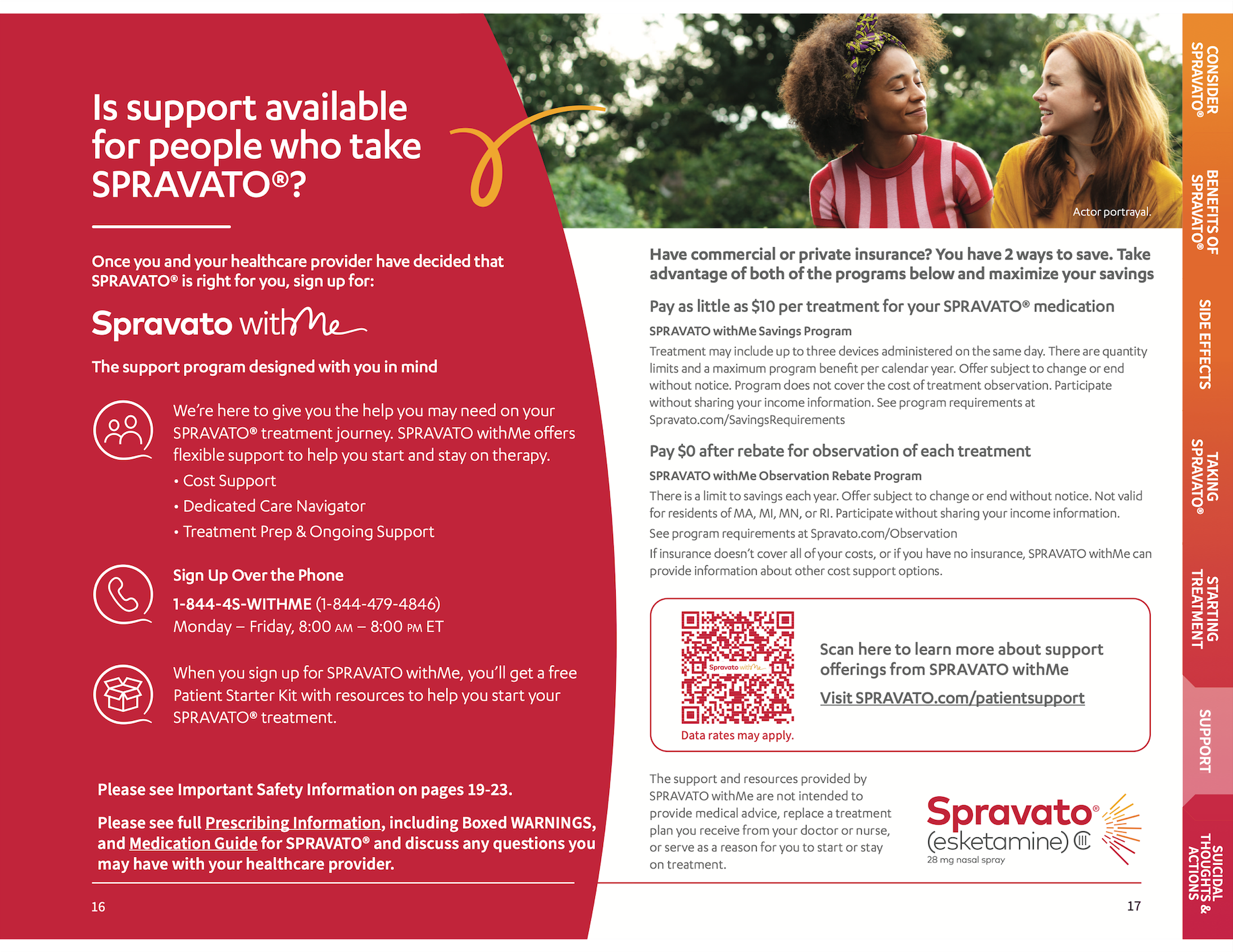Spravato support brochure with red panel, QR code, and a smiling family walking outdoors