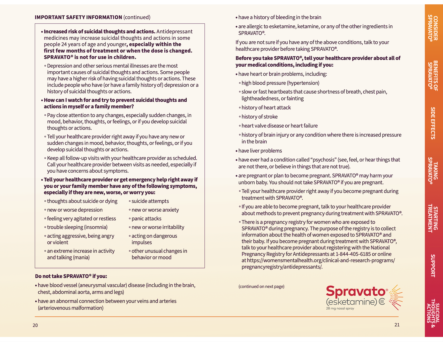 Two-column brochure page with dense text and a small orange sidebar, branded “Spravato” at bottom right