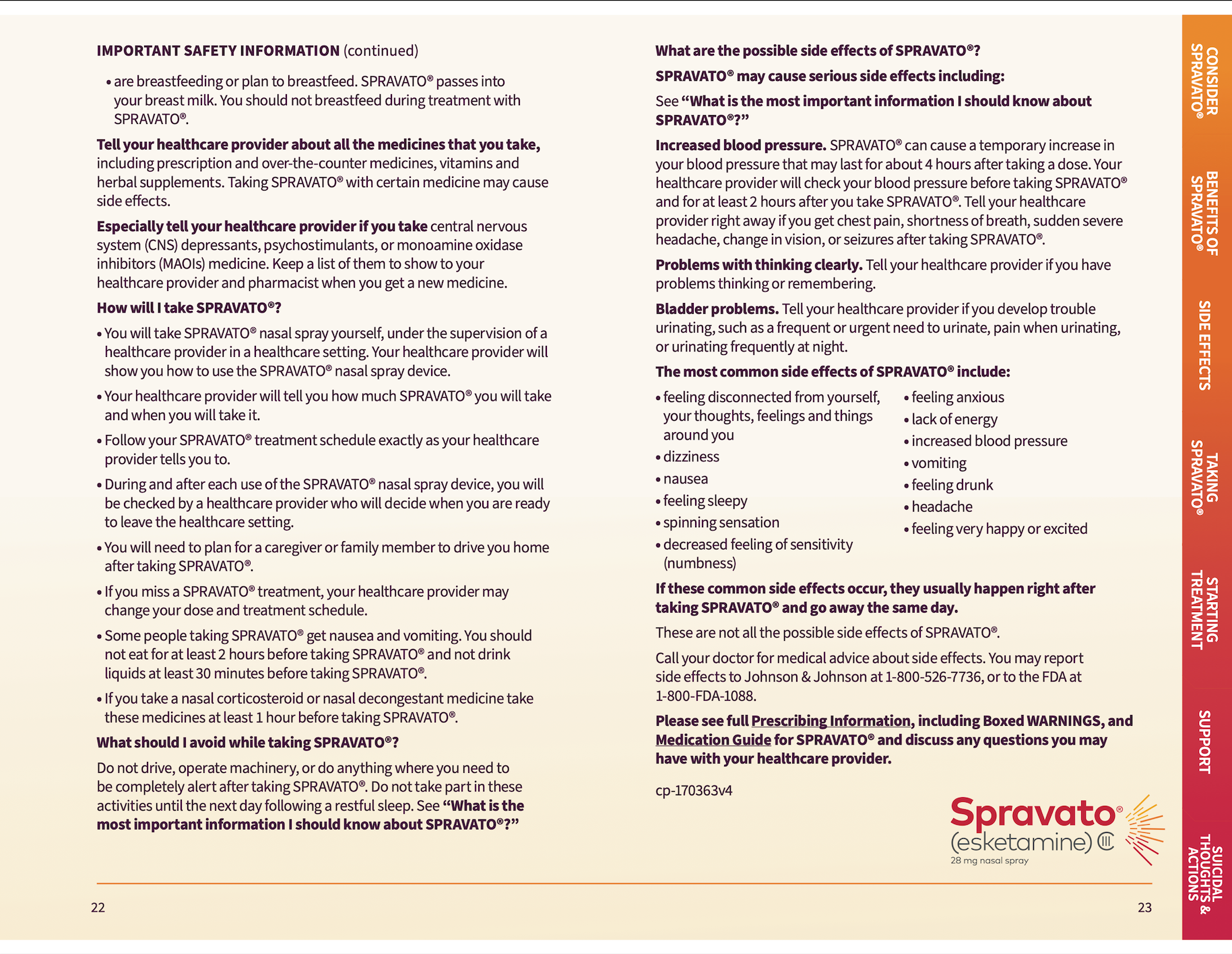 Two-column brochure page with dense text and red-orange sidebar, branded “Spravato” at bottom right.