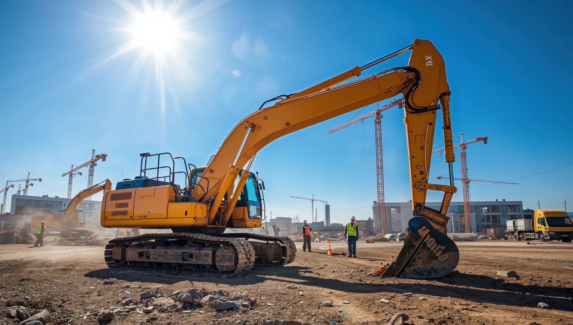 Excavating contractor service yellow excavator digging at large commercial construction.