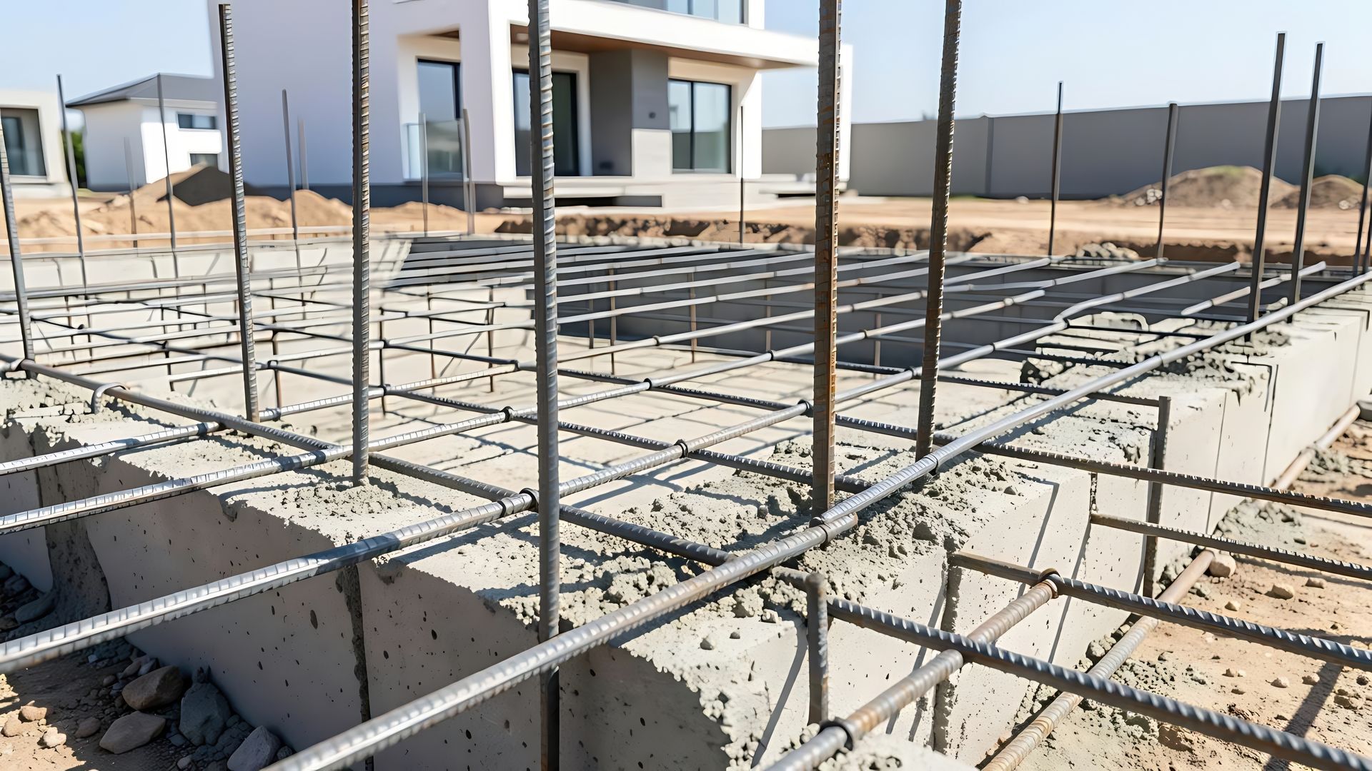 Poured concrete foundation walls curing over steel-reinforced footings at a residential build site.