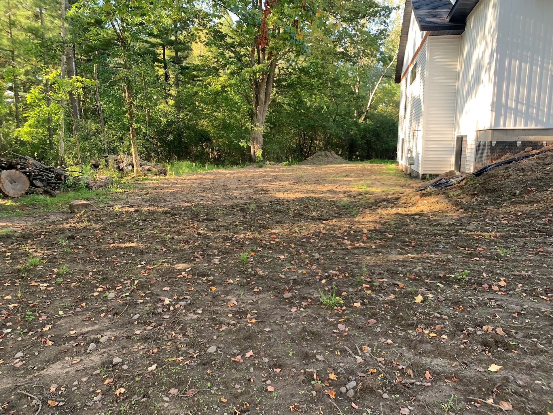 Cleared dirt lot next to a white house with sunlight and trees in the background.